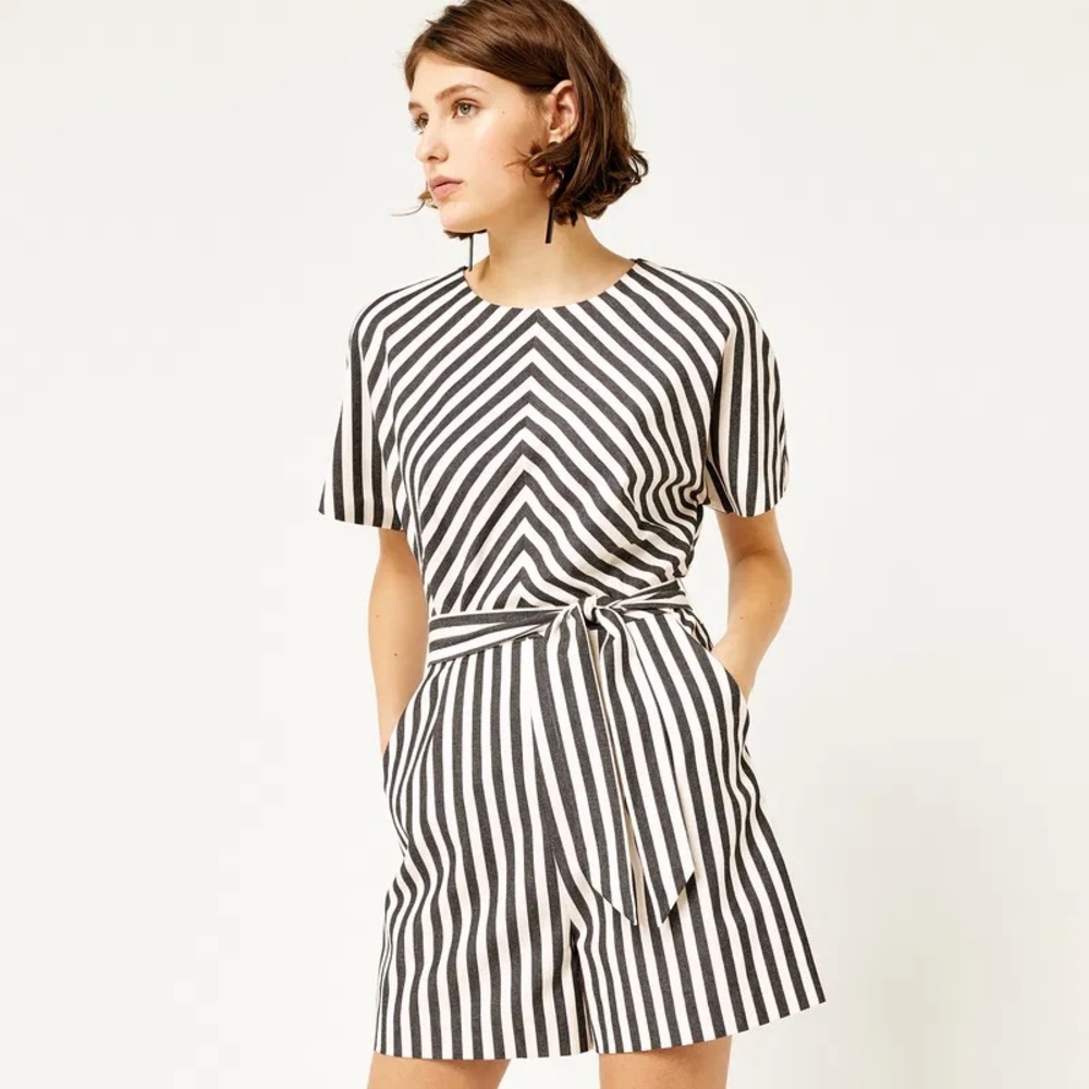 Warehouse Black and White Striped Women's Shorts Jumpsuit